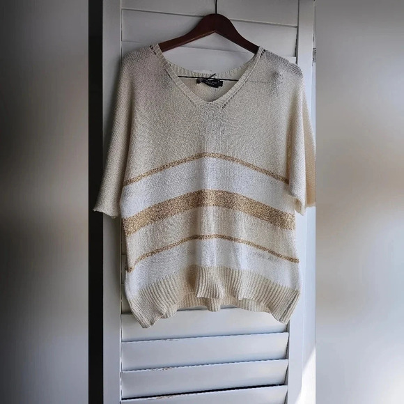 Alchemia Tricot V neck Knit Summer Sweater Pullover light  golden strips size L - Picture 1 of 5